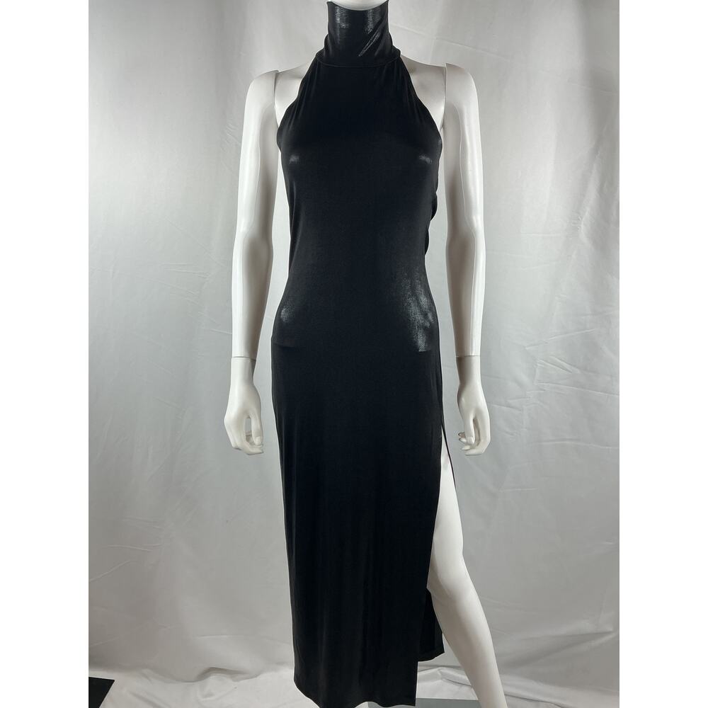 Norma Kamali Halter Black Poly Turtle Side Slit Gown Size XS - Picture 2 of 4